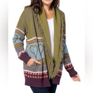 Peace Love World Open Front Fringe Affirmation Sweater